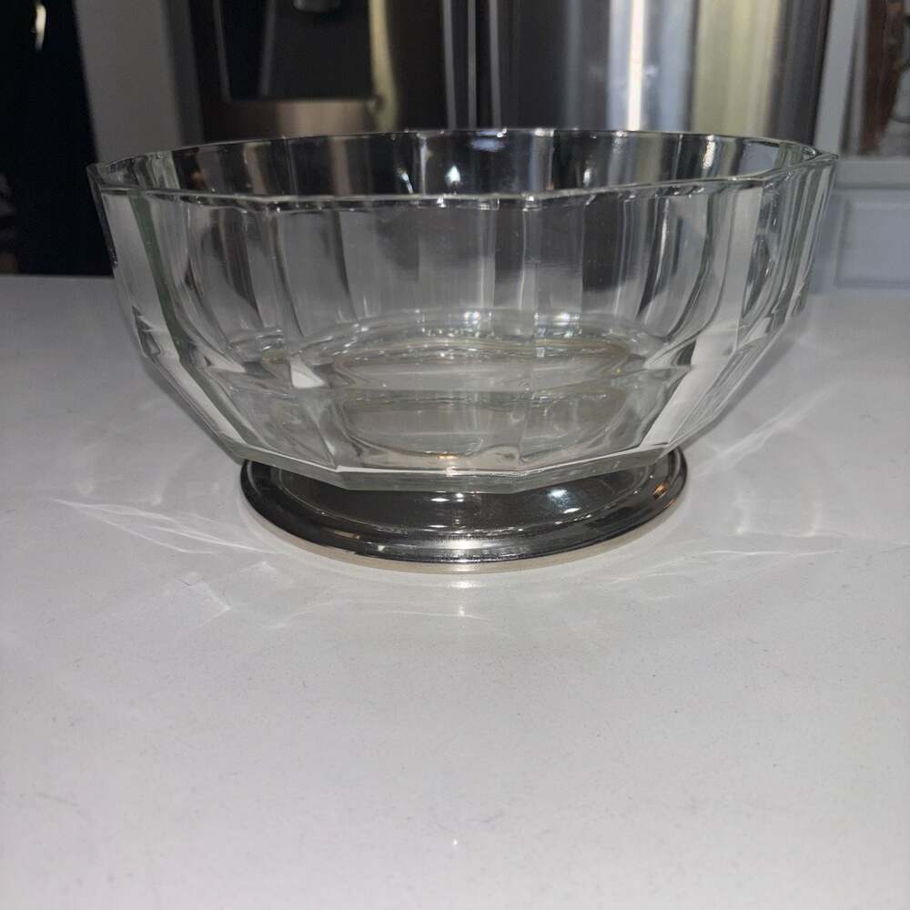 Vintage MCM Italian Crystal 12 Paneled Bowl Silver Plated Base 9”